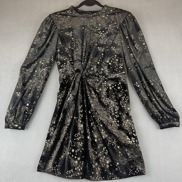All Saints Jemima Star Dress Black Velvet Metallic Gold Printed Faux Wrap Size 4 - Picture 2 of 16